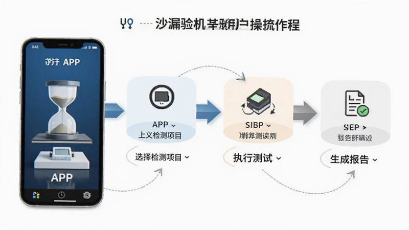 沙漏验机应用的用户操作流程图,展示从打开APP、选择检测项目、执行测试到生成报告的完整步骤,采用步骤条设计,图标简洁明了,背景为白色,突出操作逻辑