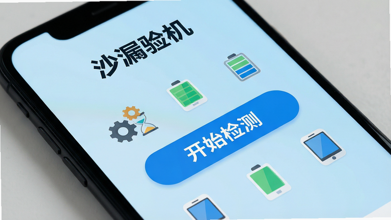 一张高清现代风格的手机界面特写图,主体是一部黑色智能手机屏幕,屏幕上显示着沙漏验机应用的首页,界面设计简洁扁平,顶部有显著的