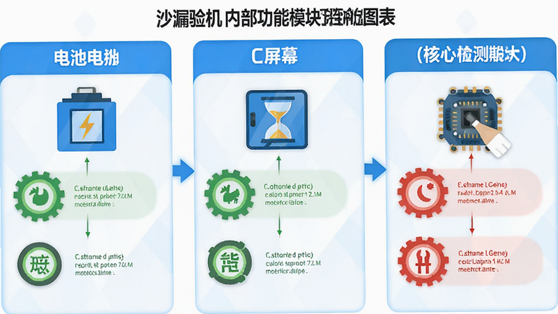 沙漏验机应用内部功能模块的可视化图表,展示电池、屏幕、传感器三大核心检测板块,采用扁平化设计风格,图标色彩鲜明,蓝色为主色调,辅以绿色表示正常,红色表示异常,布局清晰有序,体现专业检测逻辑