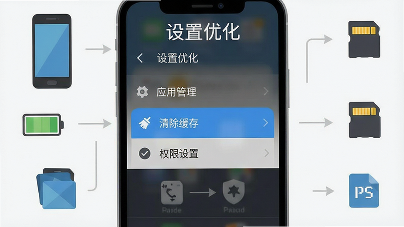 一张展示手机设置界面的模拟图,画面中央是“应用管理”菜单,高亮显示“清除缓存”和“权限设置”选项,周围环绕着手机、电池、存储卡等图标,主体为设置流程,布局清晰直观,排版简洁,风格扁平化UI设计,细节为图标化展示,画质清晰,干净,无多余元素,文字