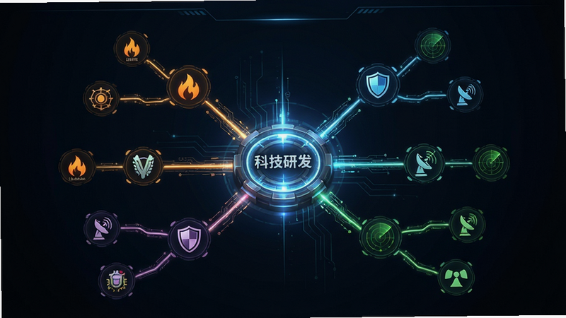 一张游戏内科技树界面的概念图,画面中心是一个发光的科技核心,向外延伸出多条分支路径,每条路径上标注着不同的科技图标(如火焰、盾牌、雷达),主体为科技树结构,布局呈放射状,排版逻辑清晰,风格科技感强烈,细节为发光线条,画质清晰,干净,无多余元素,文字