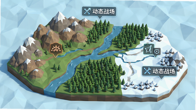 一张展示游戏地图地形的俯视图,画面中包含山地、河流、森林和雪地四种不同地形区域,每个区域上方悬浮着对应的战术提示图标,主体为地图全貌,布局开阔,排版清晰,风格为3D低多边形艺术风格,细节丰富,画质精致,干净,无多余元素,文字