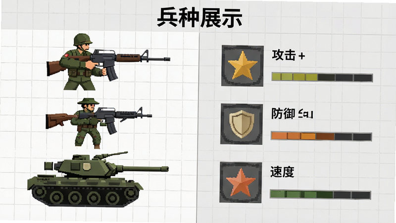 一张游戏内兵种图鉴的示意图,画面左侧展示步枪兵、机枪手、坦克三种主要单位,右侧展示其对应的属性图标(如攻击、防御、速度),背景为淡灰色网格,主体突出,布局左右分明,排版整齐,风格扁平化设计,细节清晰,画质高清,干净,无多余元素,文字