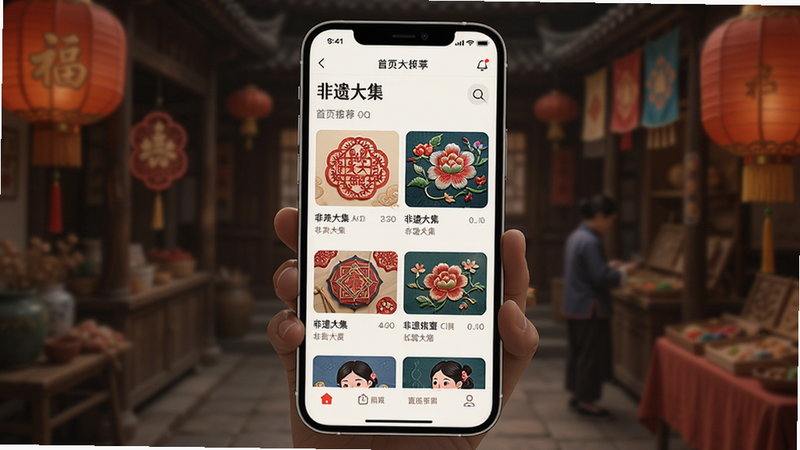 主体为“非遗大集”APP手机界面,布局为首页推荐流,排版清晰,风格为国潮插画风,细节包含剪纸、刺绣等非遗元素图标,画质高清,干净,无多余元素,文字显示“非遗大集”