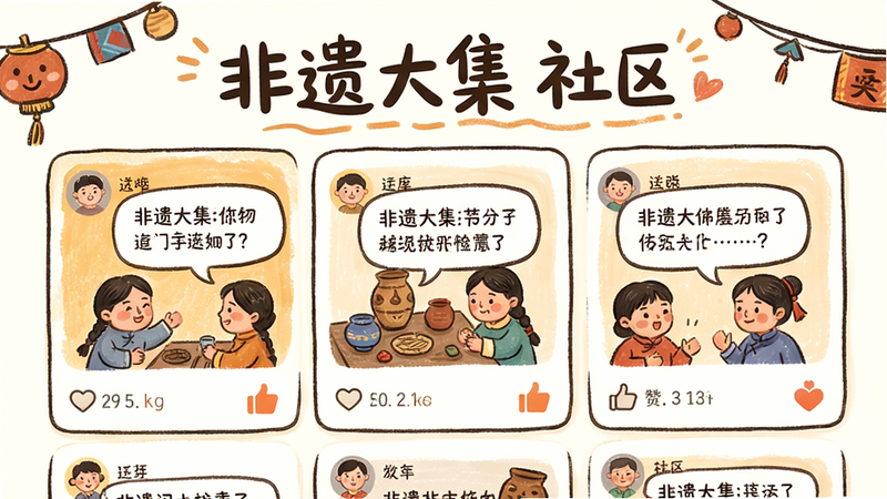 主体为非遗大集社区页面,布局为卡片式信息流,排版温馨,风格为手绘漫画风,细节展示用户评论气泡和点赞图标,画质明亮,干净,无多余元素,文字显示“非遗大集 社区”