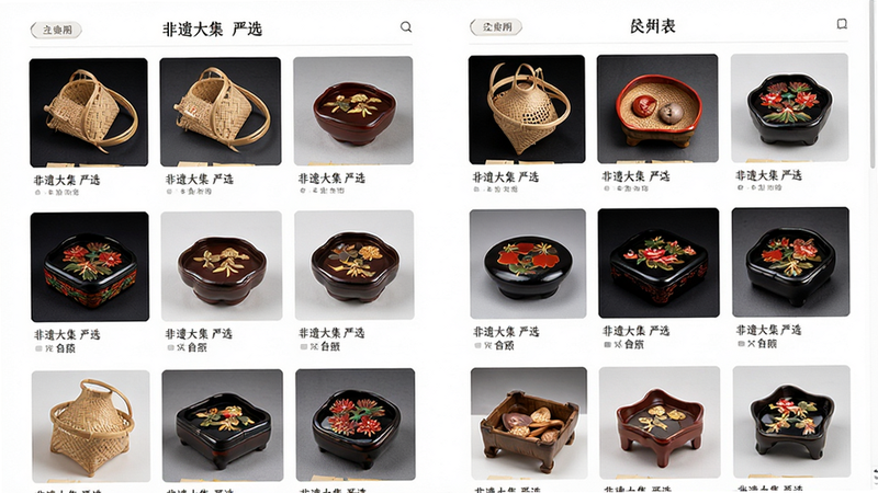 主体为非遗大集商品列表页,布局为双列瀑布流,排版整齐,风格为极简白底,细节展示各种手工艺品如竹编、漆器,画质高保真,干净,无多余元素,文字显示“非遗大集 严选”