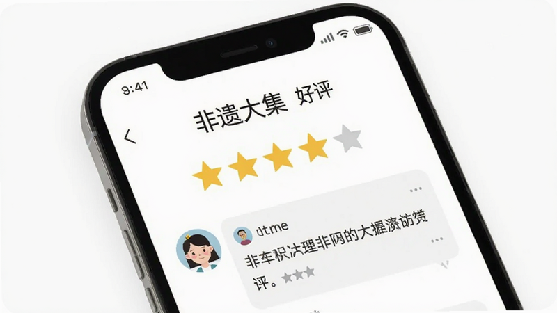 主体为手机评价页面,布局为星级评分与文字评论,排版简洁,风格为扁平化设计,细节展示五星好评和用户头像,画质明亮,干净,无多余元素,文字显示“非遗大集 好评”