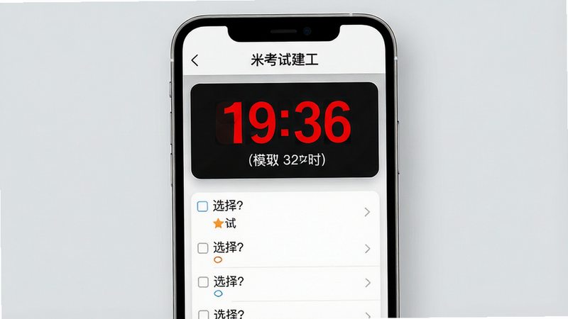手机界面展示模拟考试倒计时,红色数字醒目显示剩余时间,下方为选择题列表,界面简洁清晰,顶部显示“米考试建工”标题,背景为浅灰色,UI设计现代简约,高清渲染