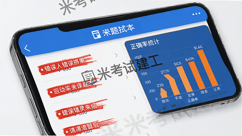 手机屏幕显示错题本列表,左侧有红色标记的错误题目,右侧显示正确率统计图表,界面中有“米考试建工”水印,数据可视化风格,蓝色与橙色对比鲜明,细节精致,高清画质