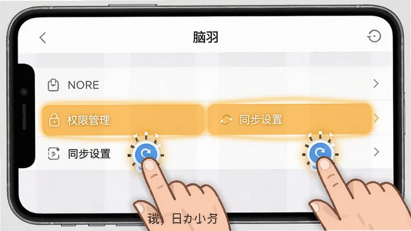 չʾ������APP���ý���Ľ�ͼ���ص������ʾ��Ȩ�޹������͡�ͬ�����á�ѡ���Χ����ָ�����ʾ��ͼ�꣬��ʾ�û����в�����������࣬����������ɫ���԰׻�Ϊ����ͻ������ָ����������������ģ�������ֹ�����