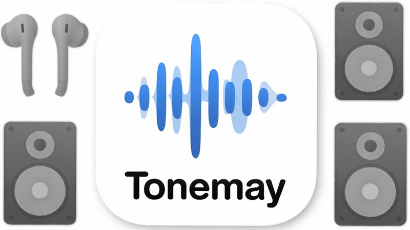 ����Ϊ��ɫ�����ϵ� Tonemay App ͼ�꣬�м���һ����ɫ����������ͼ�Σ��·��к�ɫ�Ӵ����֡�Tonemay������Χ�����ż�����͸�������������������Ӱ�����־��жԳƣ��Ű����ִ������Ϊ��ƽ���Ƽ��磬ϸ�ڴ�����͵���ӰЧ�������ʸ��壬�ɾ����޶���Ԫ��