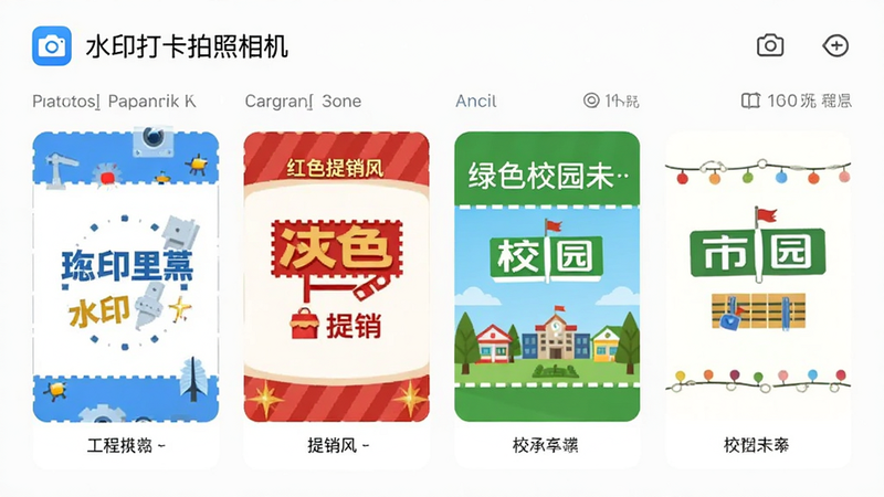 �ֻ�Ӧ���̵���棬չʾ��ˮӡ�����������App��ģ��ѡ��ҳ�棬��Ļ�ϲ�����ʾ�ĸ���ͬ����ˮӡģ��Ԥ��ͼ��������ɫ���̷硢��ɫ�����硢��ɫУ԰�磬�Ű����룬ɫ������������ƽ���������������޶���Ԫ�أ��ɾ�