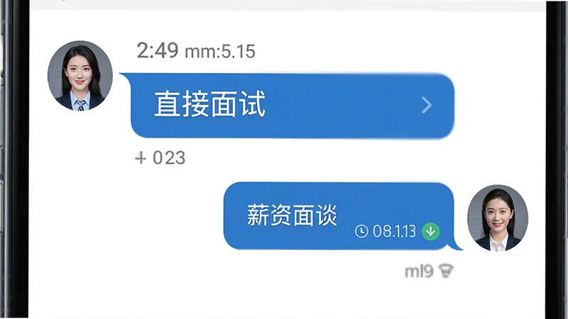 主体为手机聊天界面,左侧为用户头像,右侧为企业HR头像,对话内容显示“直接面试”、“薪资面谈”,布局为对话框形式,排版简洁,风格商务蓝,细节包含时间戳和已读状态,画质高清,干净,无多余元素