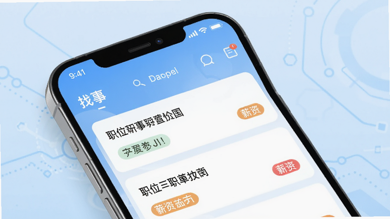 主体为手机屏幕界面,显示“找事”APP首页,背景为浅蓝色科技风,布局清晰,顶部导航栏,中间职位列表卡片,排版整齐,风格简约现代,细节包含职位标签和薪资高亮,画质高清,干净,无多余元素