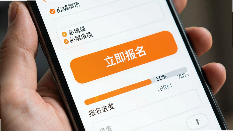 主体为手机操作界面,展示“立即报名”按钮,按钮为醒目橙色,下方有进度条显示报名进度,布局为表单式,排版紧凑,风格活力橙,细节包含必填项标识,画质清晰,干净,无多余元素