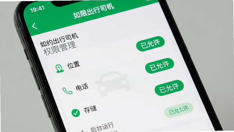 主体:手机屏幕显示设置界面,重点突出'如约出行司机'的权限管理页面,布局为列表形式,权限项如'位置'、'电话'、'存储'均显示为'已允许'状态,排版清晰,风格简洁实用,细节处有绿色对勾图标,画质高清,干净无干扰元素,文字包含'如约出行司机'、'权限管理'、'已允许'、'后台运行',色调以白色与绿色为主,体现安全与合规