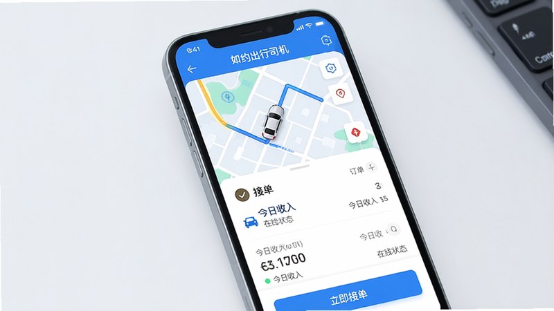 主体:一个现代简约风格的手机屏幕,显示着'如约出行司机'应用的主界面,布局清晰,上方是地图区域显示车辆位置与路线,下方是订单列表与接单按钮,排版整洁有序,风格扁平化且专业,细节处体现科技感与信赖感,画质4k高清,干净无多余元素,文字包含'如约出行司机'、'立即接单'、'今日收入'、'在线状态',整体色调以蓝白为主,体现科技与出行结合