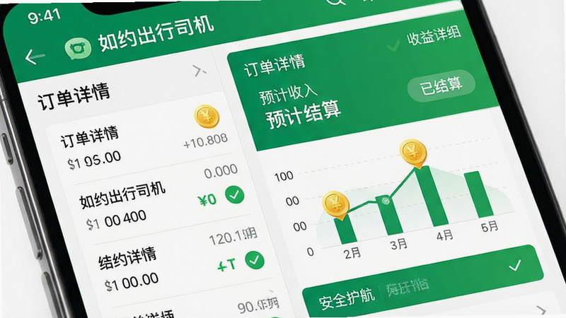 主体:手机应用界面特写,展示'如约出行司机'的收益结算页面与订单详情,布局左右分栏,左侧为订单列表,右侧为收益明细图表,排版严谨,风格商务且清晰,细节处有金币图标与对勾符号代表结算成功,画质高清,干净无杂乱背景,文字包含'如约出行司机'、'订单详情'、'预计收入'、'已结算'、'安全护航',色调以绿色与白色为主,象征收益与安全