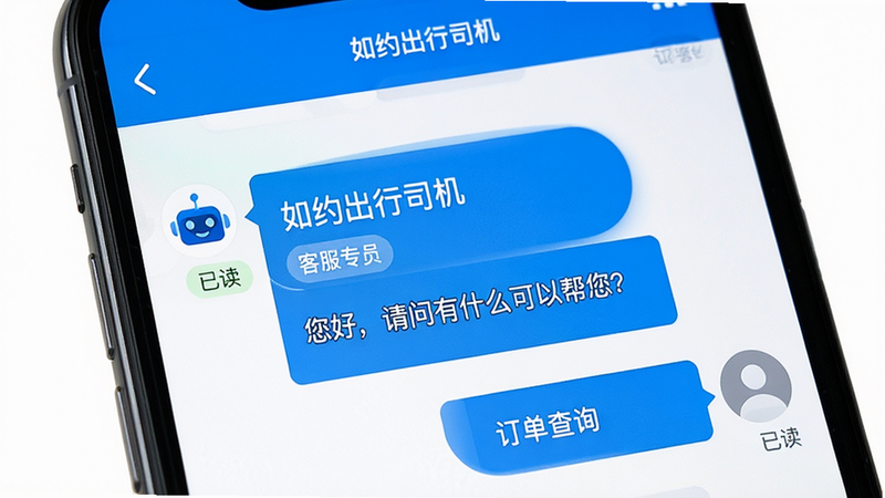 主体:手机屏幕显示客服聊天界面,显示'如约出行司机'客服回复消息,布局为对话气泡形式,客服头像为蓝色机器人图标,用户头像为灰色人形图标,排版自然,风格亲切友好,细节处有'已读'标识,画质高清,干净无杂乱背景,文字包含'如约出行司机'、'客服专员'、'您好,请问有什么可以帮您?'、'订单查询',色调以蓝白为主,体现专业与服务
