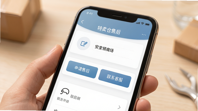 手机界面展示特卖仓商城售后页面,包含“申请售后”、“联系客服”等按钮,布局合理,色调温和,传达安全感,风格专业可靠,细节精致,高清画质,无干扰元素