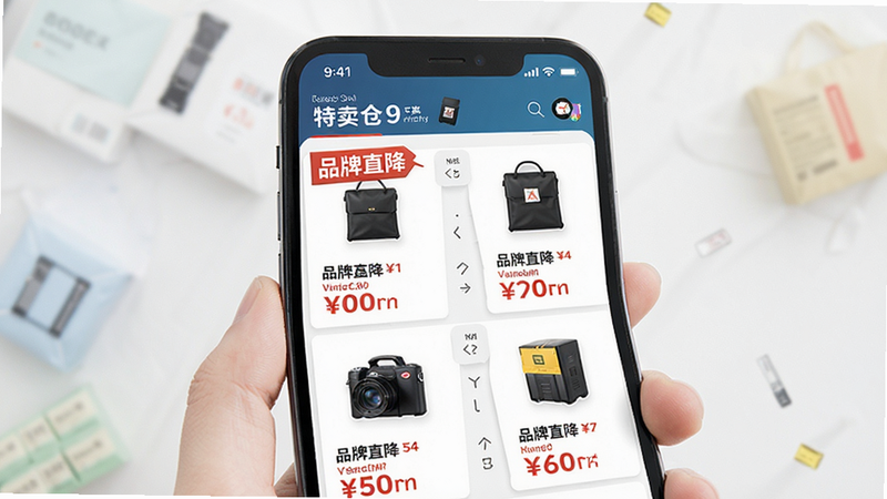 手机界面展示特卖仓商城商品列表,突出显示“品牌直降”标签,背景简洁,色彩鲜明,体现折扣力度,风格商业清新,细节丰富,画质极佳,无杂乱元素
