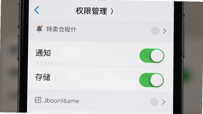 手机设置界面展示特卖仓商城权限管理,突出显示“通知”、“存储”等权限开关,布局清晰,色调中性,风格简洁明了,细节准确,高清画质,无多余图标