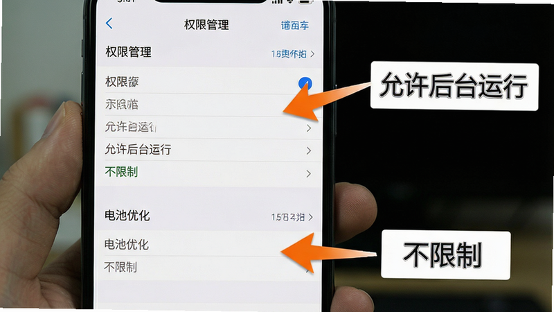 一张教程风格图片,主体为手机设置界面截图,展示“权限管理”和“电池优化”选项,布局清晰,箭头指示点击位置,背景为白色,文字标注“允许后台运行”、“不限制”,风格简洁直观,高清晰度