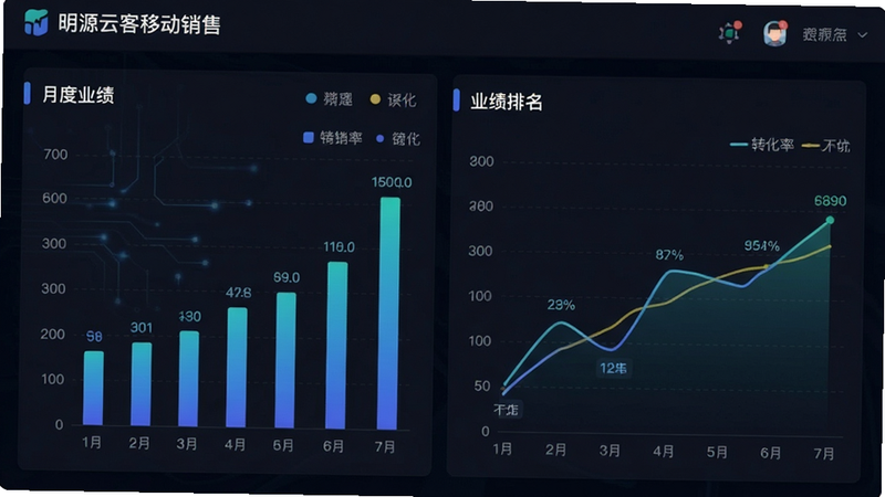 一张数据可视化风格的图片,主体为“明源云客移动销售”数据看板界面,布局包含柱状图和折线图,展示销售趋势和业绩排名,背景为深色模式,突出数据的科技感,文字清晰标注“月度业绩”、“转化率”,风格现代,无噪点,高清晰度