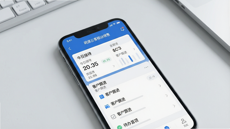 一张高清写实风格图片,主体为“明源云客移动销售”APP的手机界面预览图,布局居中,背景为干净的浅灰色办公桌面,手机屏幕显示着简洁的销售数据仪表盘和待办事项列表,界面色调以商务蓝和白色为主,细节清晰,文字显示为“今日接待”、“客户跟进”,画质8k,干净无多余元素,现代简约风格