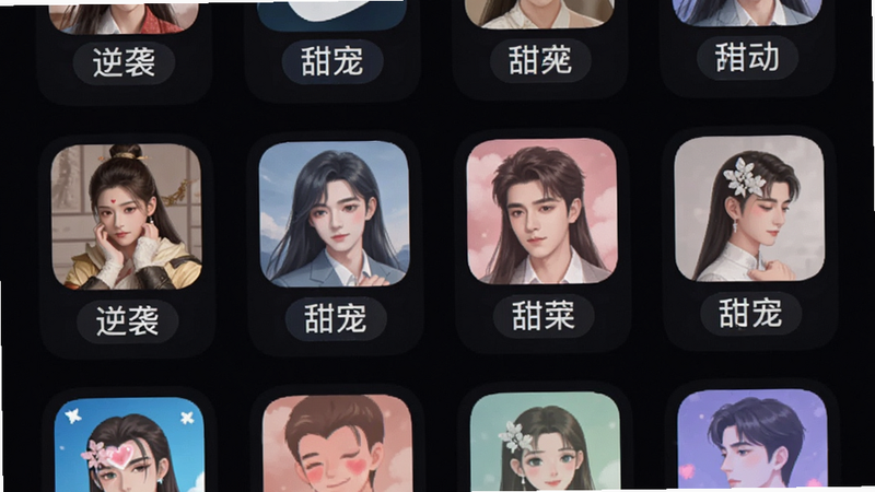 主体为APP内的分类选择界面,布局为网格状图标排列,排版整齐有序,风格为科技感深色模式,细节包含不同题材的短剧标签如“逆袭”、“甜宠”,画质细腻,干净,无多余元素