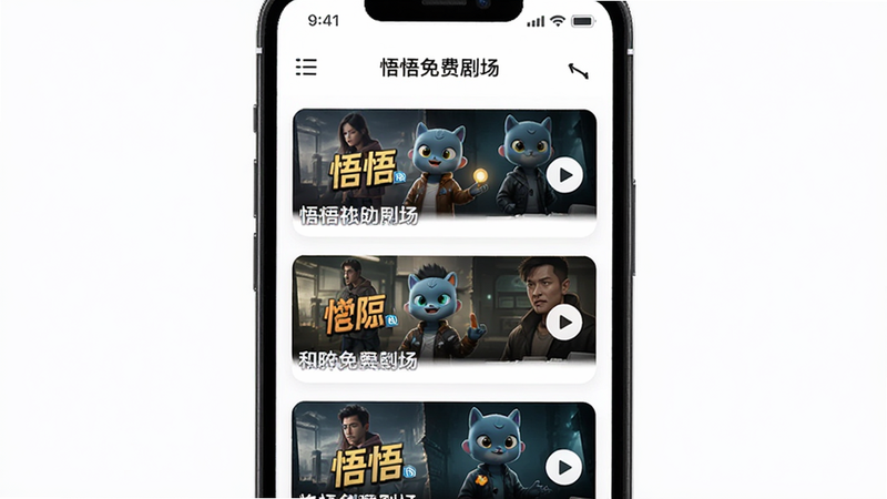 主体为手机屏幕显示悟悟免费剧场APP界面,布局为上下滑动列表,排版清晰简洁,风格为现代扁平化设计,细节包含高清短剧封面与播放按钮,画质超清,干净,无多余元素