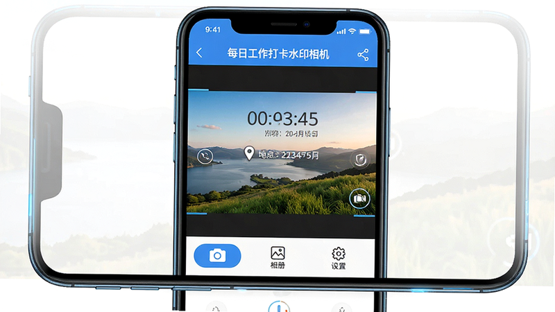 主体为手机屏幕界面,显示‘每日工作打卡水印相机’应用主界面,布局清晰,顶部为状态栏,中部为预览窗口显示带有时间、日期、地点水印的风景照片,底部为功能按钮区,包括‘拍照’、‘相册’、‘设置’,风格现代简约,扁平化设计,细节处体现科技感,蓝色主色调,画质高清,干净无多余元素,文字清晰可见:‘每日工作打卡水印相机’