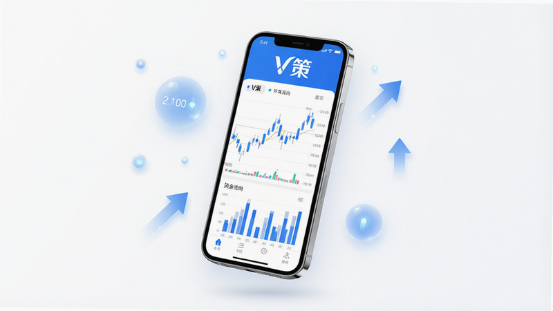 一张现代简约风格的手机界面展示图,主体为白色背景,中央悬浮一部智能手机,屏幕显示'V策'APP界面,界面包含K线图、资金流向柱状图及顶部醒目的'V策'Logo,周围漂浮着半透明的数据光点和箭头元素,整体色调为科技蓝与白色搭配,高清,干净,无多余元素