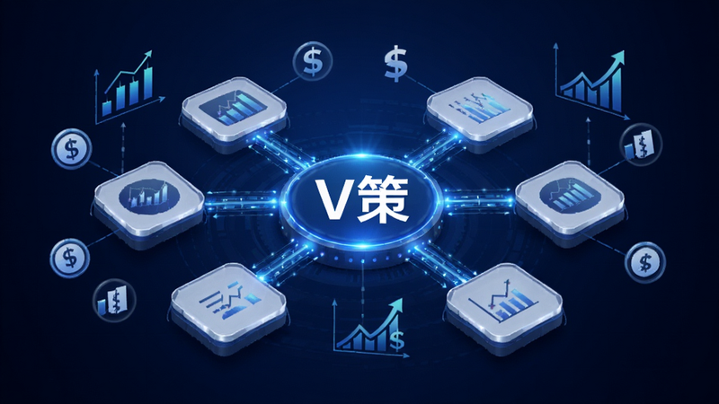 数据可视化概念图,主体为多个相互连接的数据模块,模块间由光线连接,中心显示'V策'字样,周围环绕着股票图标、货币符号和上升曲线,背景为深蓝色渐变,体现数据汇聚与关联,高清,细节丰富,无杂乱背景