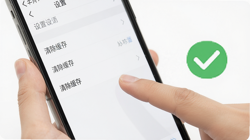 手机端操作教程示意图,主体为一只手正在操作智能手机,屏幕显示设置菜单界面,手指点击'清除缓存'选项,旁边有对勾图标表示完成,背景简洁白色,重点突出操作动作,高清,无杂乱背景