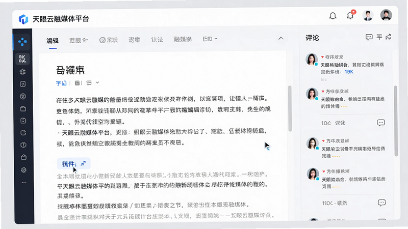 主体为天眼云融媒体平台的协同编辑界面,布局展示左侧稿件正文区域与右侧评论侧边栏,排版简洁有序,风格为科技感十足的办公界面,细节处包含光标闪烁效果与用户头像,画质8k超清,干净利落,无干扰元素,背景浅灰