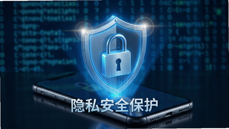 展示安全概念的AI生图,主体为一个盾牌形状的锁,位于一部智能手机上方,盾牌发出蓝色光芒,象征保护,背景是模糊的数字代码流,布局平衡,排版简洁,风格专业可靠,细节处有光晕效果,画质高清,干净无多余装饰,文字“隐私安全保护”清晰可见