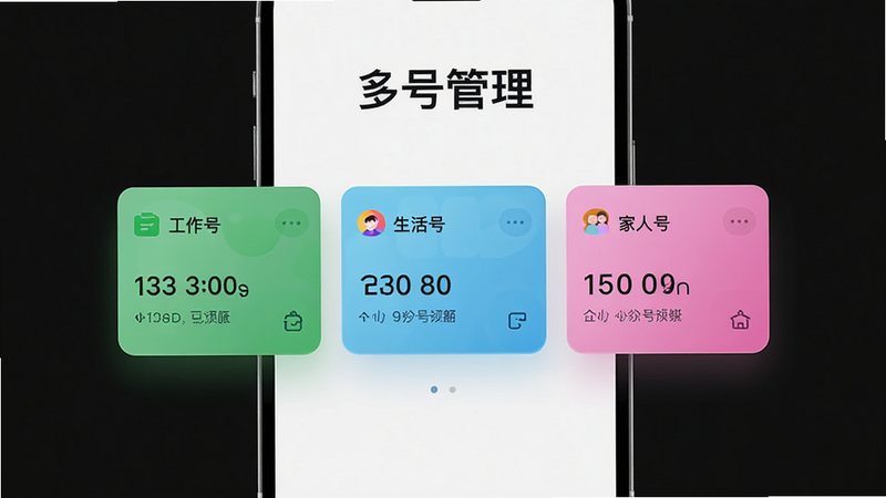 展示多号管理的AI生图,主体为一个手机屏幕,屏幕上显示三个不同颜色的卡片,分别标注“工作号”、“生活号”、“家人号”,每个卡片上有对应的余额数字,布局整齐排列,排版清晰,风格现代简约,细节处有卡片悬浮效果,画质清晰,干净无杂乱,文字“多号管理”清晰可见