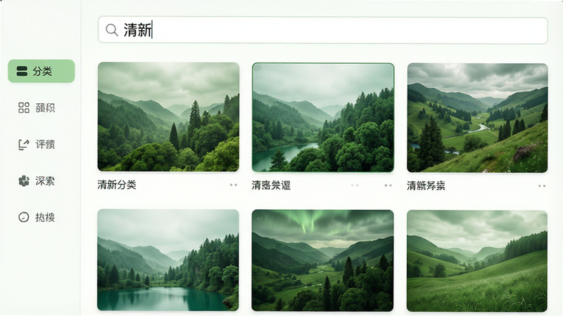 软件分类搜索界面,顶部搜索栏输入框显示“清新”二字,下方列表展示多张绿色调的自然风景壁纸,界面左侧有垂直导航栏,高亮显示“分类”选项,布局井然有序,排版舒适,风格清新淡雅,细节丰富,画质高清,干净,无多余元素