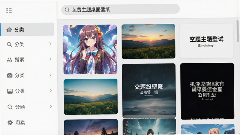 展示软件内部壁纸浏览界面,采用瀑布流布局,左侧为分类标签栏,右侧为多张不同风格的壁纸缩略图,包括动漫、风景、文字壁纸,界面UI设计简约现代,主色调为白色与浅灰,顶部搜索框清晰可见,包含“免费主题桌面壁纸”标识,风格扁平化,细节丰富,画质锐利,干净,无多余元素