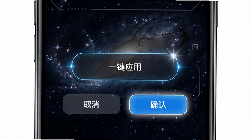 手机设置壁纸的界面,弹窗显示“一键应用”,背景为一张星空主题的壁纸,界面下方有两个按钮:“取消”和“确认”,周围有光线特效强调操作便捷性,布局居中,排版规范,风格科技感强,细节清晰,画质高,干净,无多余元素