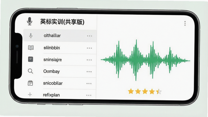 一张高清手机屏幕展示图,主体是“英标实训(共享版)”APP界面,布局清晰,左侧显示英语单词列表,右侧显示实时生成的绿色声波波形图,背景为简洁的白色,风格现代扁平化,细节包含麦克风图标和评分星级,画质清晰,干净,无多余元素,文字内容“英标实训”清晰可见