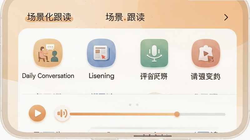 手机界面展示“场景化跟读”模块,列表中包含“Daily Conversation”、“News Listening”等分类图标,设计风格温馨且专业,字体清晰,布局整齐,背景柔和,细节包括播放按钮和进度条,画质清晰,干净,无多余元素,文字内容“场景化跟读”