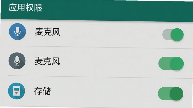 手机设置界面截图,显示“应用权限”列表,其中“麦克风”和“存储”权限开关处于开启状态(绿色),背景为Android系统标准UI风格,细节包含权限图标和开关状态,画质清晰,干净,无多余元素,文字内容“麦克风”、“存储”