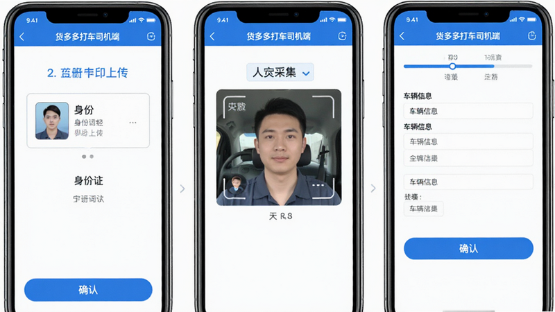 展示“货多多打车司机端”的司机注册流程界面,主体为APP内的注册步骤引导页,布局包含身份证上传框、人脸采集区域、车辆信息表单,排版分步展示,风格为简洁蓝白配色,细节包含进度条与确认按钮,画质高清,清晰展示注册要素