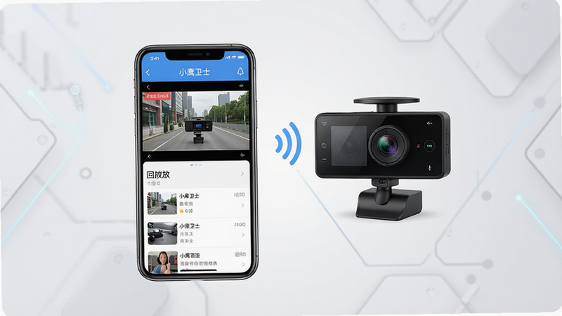 画面主体为一部现代智能手机,屏幕显示“小鹰卫士”App界面,包含实时视频预览窗口和回放列表。手机旁边放置一台黑色的车载行车记录仪,两者通过无线信号图标连接。背景为简洁的浅灰色渐变,突出科技感。排版居中,风格极简扁平化,细节清晰,无多余装饰元素,高清画质,干净利落。