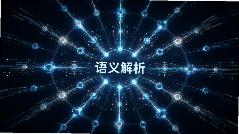 葫芦问智能语义分析示意图,主体为发光的神经网络节点连接图,布局呈放射状扩散,排版对称平衡,风格科技感强烈,细节展示数据流动的光效,文字包含