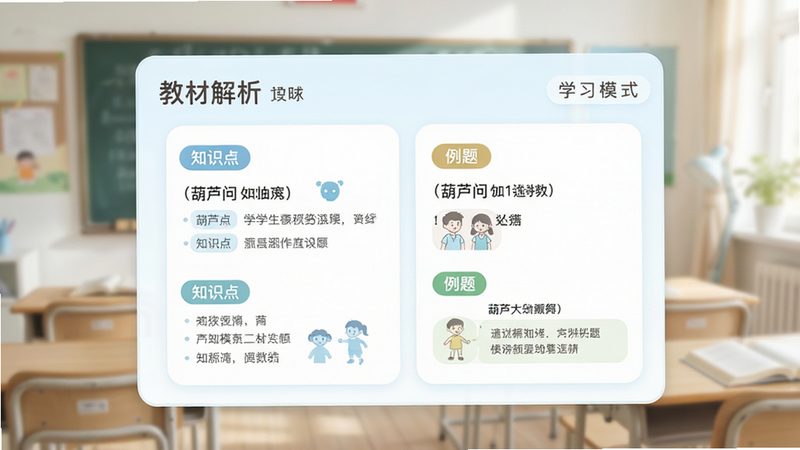葫芦问学生模式界面预览,主体为教材解析卡片,布局模块化清晰,排版注重阅读体验,风格清新明亮,细节包含“知识点”和“例题”标签,文字内容包含