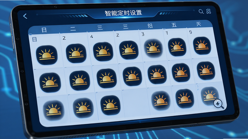 智能定时设置界面,日历视图显示每日不同时间点的灯光状态,图标显示太阳升起和落下的动画效果,界面简洁明了,蓝色科技风,细节丰富,高清渲染