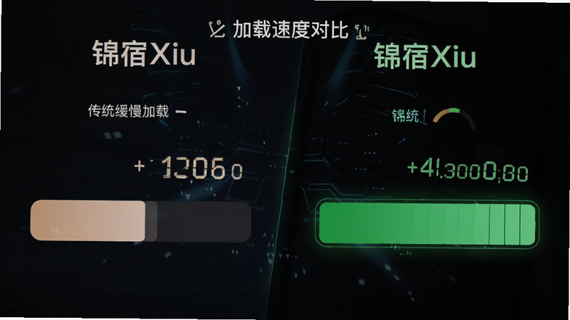 主体是锦宿Xiu加载速度对比图表,布局左侧为传统APP缓慢加载条,右侧为锦宿Xiu瞬间满格绿色进度条,排版左右对比强烈,风格科技感十足,细节显示毫秒级数据跳动,画质清晰,干净简洁